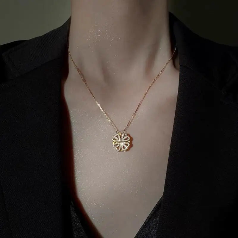Chic Magnetic Heart Necklace: A Stylish Gift for Women - Featuring Adorable 4-Leaf Clover Design