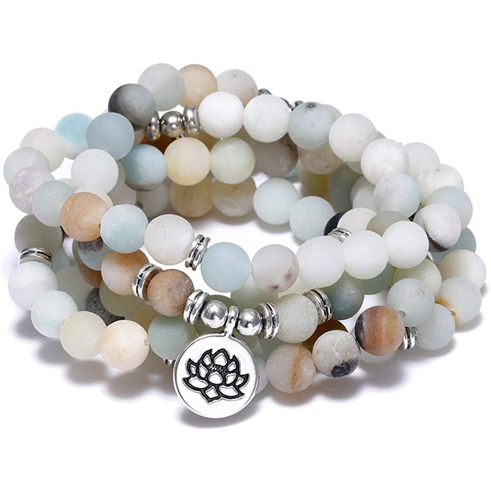 Lotus Charm - Amazon Stone Tiger Eye Stone Bracelet Necklace 108 Buddha Beads Lotus Bracelet