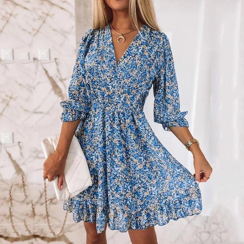 Mid Length Dress Waist Pullover Bohemian Short Sleeve Fragmented Flower Printed Dress