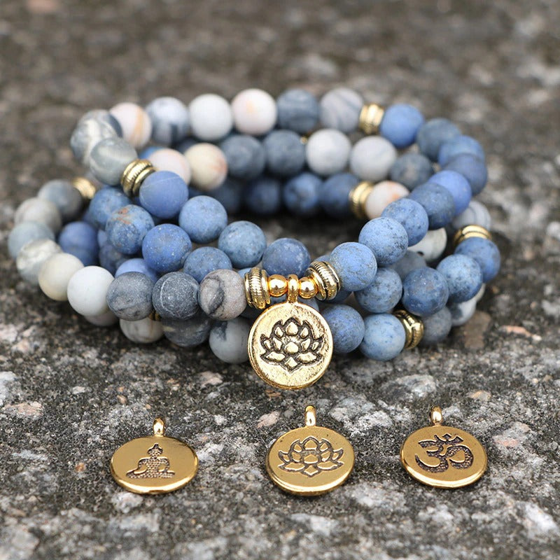 Lotus Charm - Amazon Stone Tiger Eye Stone Bracelet Necklace 108 Buddha Beads Lotus Bracelet