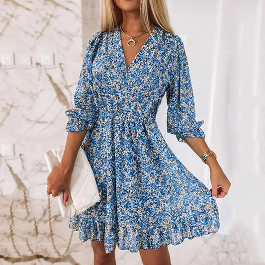 Mid Length Dress Waist Pullover Bohemian Short Sleeve Fragmented Flower Printed Dress