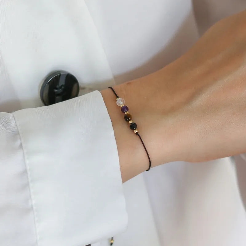 Crystal Bracelet for Protection and Healing - Rose Quartz, Amethyst, Black Tourmaline with Adjustable Cord Healing Bracelet