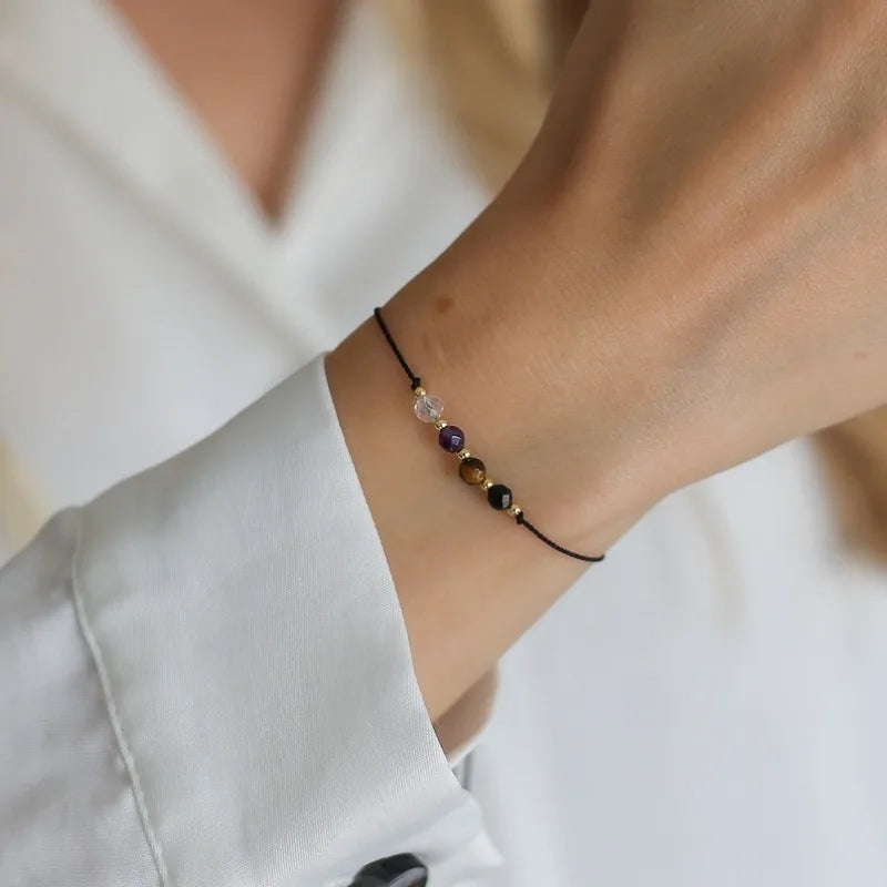 Crystal Bracelet for Protection and Healing - Rose Quartz, Amethyst, Black Tourmaline with Adjustable Cord Healing Bracelet