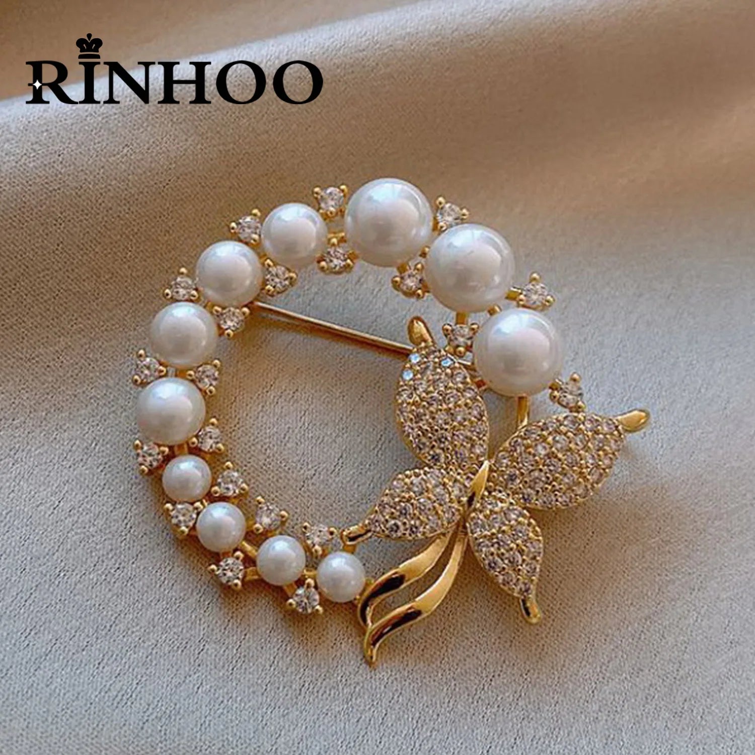 Elegant Pearl Rhinestone Baroque Imitation Wreath Butterfly Cirle Leaf Brooch for Women